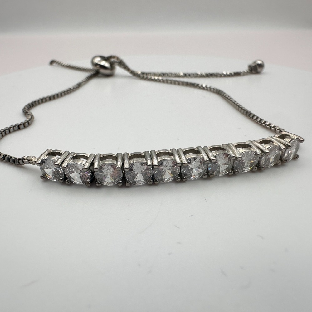Vintage 90s Silver Tone Rhinestone Tennis Bolo Bracelet Women's Jewelry